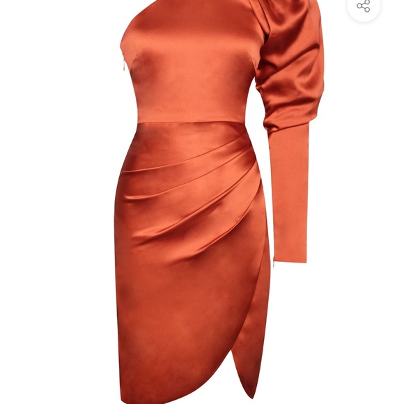 Puff Sleeve One Shoulder Satin Dress - Picture 7 of 16